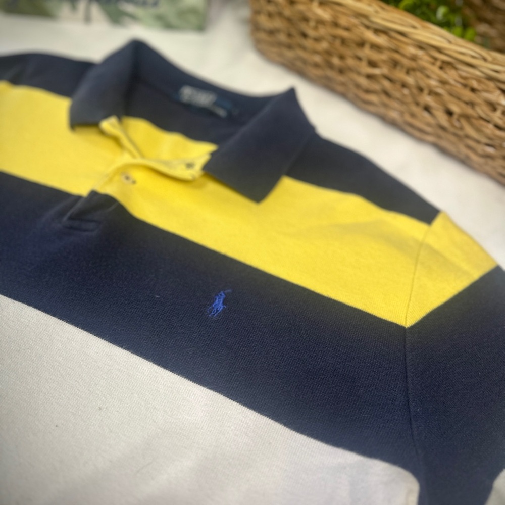Ralph Lauren Men's Bold Yellow and Navy Striped Polo - Picture 2 of 5